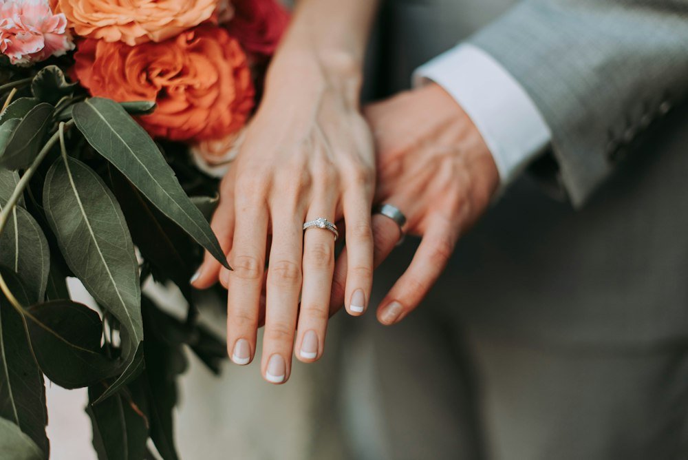 Couple's hands with wedding rings, close up