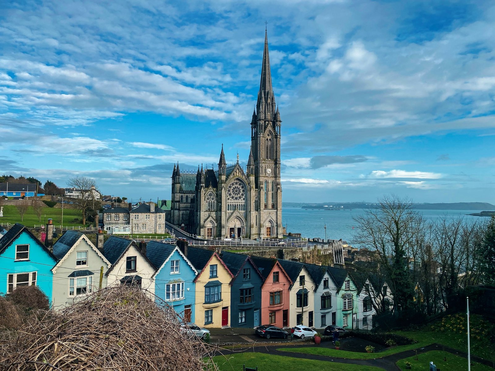 Coloured houses below the cathedral in Cobh, Ireland